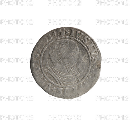 grosz, Straub (Strawb), Heinrich, publisher, Wille, Albrecht (fl. 1520-?), publisher, Decjusz, Jost Ludwik (fl. 1528-1535), R1 (rarity), Albrecht Hohenzollern (Prince of Prussia; 1490-1568) - iconography, eagles, Hohenzollern (coat of arms), male busts in armour, Aw. Prussian Eagle, on its breast a crowned letter S. Along the rim, between the pearly borders, an inscription beginning with a rosette ALBER*D*G*MAR*BRAN*DVX*PRVS Rw. Male bust in armor, profile turned to the right, short hair, beard with sideburns. Along the rim, between the pearly borders, an inscription beginning with the Hohenzollern coat of arms *IVSTVS*E, FIDE*VIVIT*I53I*, 1531, Ducal Prussia (1525-1701), Königsberg, coin: diameter 22.8 mm, weight 1.88 g, axis 135 degrees.
