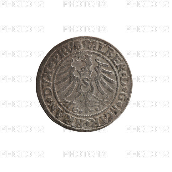grosz; Straub (Strawb), Heinrich, publisher; Wille, Albrecht (fl. 1520-?), publisher; Decjusz, Jost Ludwik (fl. 1528-1535); R1 (rarity). Albrecht Hohenzollern (Prince of Prussia; 1490-1568) — iconography: Hohenzollern coat of arms, eagles, male busts in armour. Aw. Prussian eagle, on its breast a crowned letter S. Along the rim, between the pearly borders, an inscription beginning with a rosette ALBER*D*G*MAR*BRAN*DVX*PRVS. Rw. Male bust in armor, profile turned to the right, short hair, beard with sideburns. Along the rim, between the pearly borders, an inscription beginning with the Hohenzollern coat of arms *IVSTVS*EX*FIDE*VIVIT*I53I*. Date: 1531. Place: Ducal Prussia (1525–1701), Königsberg. Object: coin (grosz); diameter 22.9 mm; weight 1.85 g; axis 225°.