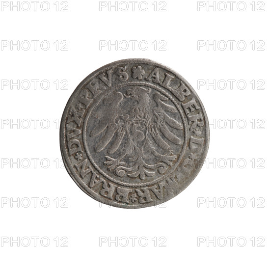 grosz; Straub (Strawb), Heinrich, publisher; Wille, Albrecht (fl. 1520-?), publisher; Decjusz, Jost Ludwik (fl. 1528-1535); R1 (rarity); eagles; Albrecht Hohenzollern (Prince of Prussia; 1490-1568) — iconography; Hohenzollern (coat of arms); male busts in armour; Aw. Prussian Eagle, on its breast the crowned letter S; Along the rim, between the pearly borders, an inscription beginning with a rosette ALB, MAR, X*PRVS; Rw. Male bust in armor, profile turned to the right, short hair, beard with sideburns; Along the rim, between the pearly borders, an inscription beginning with the Hohenzollern coat of arms *IVSTVS, *VIVIT*I53I*; 1531; Ducal Prussia (1525–1701), Königsberg; coin: diameter 22.4 mm, weight 1.76 g, axis 315°
