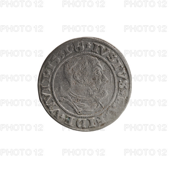 grosz; Straub (Strawb), Heinrich, publisher; Wille, Albrecht (fl. 1520-?), publisher; Decjusz, Jost Ludwik (fl. 1528-1535); R1 (rarity); eagles; Albrecht Hohenzollern (Prince of Prussia; 1490-1568) – iconography; Hohenzollern (coat of arms); male busts in armour; Aw. Prussian Eagle, on its breast the crowned letter S. Along the rim, between the pearly borders, an inscription beginning with a rosette ALB, MAR, X*PRVS. Rw. Male bust in armor, profile turned to the right, short hair, beard with sideburns. Along the rim, between the pearly borders, an inscription beginning with the Hohenzollern coat of arms *IVSTVS, *VIVIT*I53I*, 1531. Ducal Prussia (1525–1701), Königsberg; coin: diameter 22.4 mm, weight 1.76 g, axis 315°