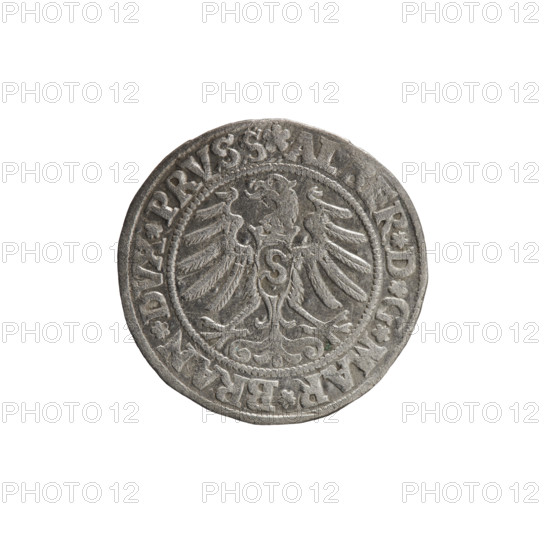 grosz; Wille, Albrecht (fl. 1520-?), publisher; Straub (Strawb), Heinrich, publisher; Decjusz, Jost Ludwik (fl. 1528-1535); R1 (rarity). Obverse: Prussian eagle, on its breast a crowned letter S; along the rim between pearly borders an inscription beginning with a rosette ALBER*D*G*MAR*BRAN*DVX*PRVSS. Reverse: male bust in armour, profile to the right, short hair, beard with sideburns; along the rim between pearly borders an inscription beginning with the Hohenzollern coat of arms *IVSTVS*EX*FIDE*VIVIT* I53I*. 1531. Albrecht Hohenzollern (prince of Prussia; 1490–1568) — iconography. Ducal Prussia (1525–1701), Königsberg. Coin: diameter 23.0 mm; weight 1.82 g; axis 180°.