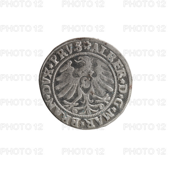 grosz, Straub (Strawb), Heinrich, publisher; Wille, Albrecht (fl. 1520-?), publisher; Decjusz, Jost Ludwik (fl. 1528-1535); R1 (rarity). Albrecht Hohenzollern (Prince of Prussia; 1490-1568) — iconography: eagles, male busts in armour, Hohenzollern (coat of arms), Prussian Eagle with a crowned letter S on its breast. Obverse: male bust in armor, profile turned to the right, short hair, beard with sideburns; along the rim between pearly borders an inscription beginning with a rosette ALBER*D*G*MAR*BRAN*DVX*PRVS. Reverse: Hohenzollern coat of arms; inscription *IVSTVS*EX*FIDE*VIVIT*I53I*; dated 1531. Ducal Prussia (1525–1701), Königsberg. Coin: diameter 22.5 mm, weight 1.94 g, axis 90 degrees.
