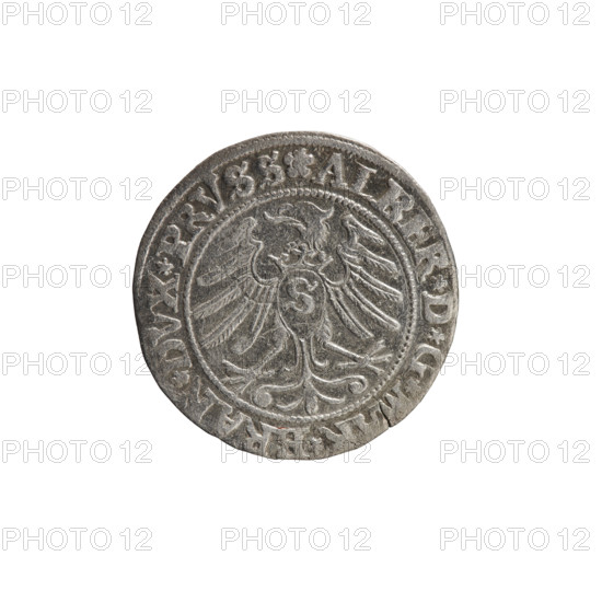 Decius Grosz (fl. 1528–1535); Albrecht Wille (fl. 1520–?), publisher; Heinrich Straub (Strawb), publisher. Silver coin, 1531, Ducal Prussia (1525–1701), Königsberg. Obverse: Aw. Prussian Eagle with on its breast a crowned letter S; along rim between pearly borders an inscription beginning with a rosette ALBER*D*G*MAR*BRAN*DVX*PRVSS. Reverse: male bust in armor, profile right, short hair, beard with sideburns; along rim between pearly borders beginning with the Hohenzollern coat of arms *IVSTVS*EX*FIDE*VIVIT*I53I*. Hohenzollern (coat of arms); Albrecht Hohenzollern (Prince of Prussia; 1490–1568) — iconography. Coin: diameter 22.3 mm, weight 1.95 g, axis 150°. R1 (rarity).