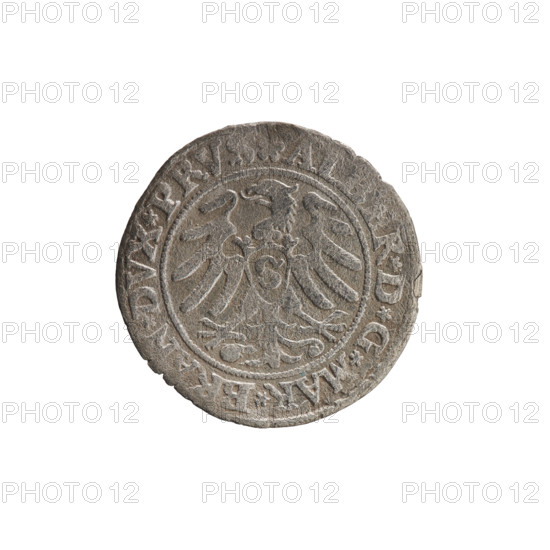 grosz, Wille, Albrecht (fl. 1520-?), publisher; Straub (Strawb), Heinrich, publisher; Decjusz, Jost Ludwik (fl. 1528-1535). Albrecht Hohenzollern (Prince of Prussia; 1490-1568) — iconography: eagles, male busts in armour, Hohenzollern coat of arms, Prussian Eagle with crowned letter S on its breast. Obverse: along the rim, between pearly borders, an inscription beginning with a rosette ALBER*D*G*MAR*BRAN*DVX*PRVS. Reverse: male bust in armor, profile turned to the right, short hair, beard with sideburns; along the rim, between pearly borders, inscription beginning with the Hohenzollern coat of arms *IVSTVS*EX*FIDE*VIVIT*I53I*. Date: 1531. Place/authority: Ducal Prussia (1525–1701), Königsberg. Medium: coin; diameter 22.7 mm; weight 1.77 g; axis 270 degrees. R1 (rarity).