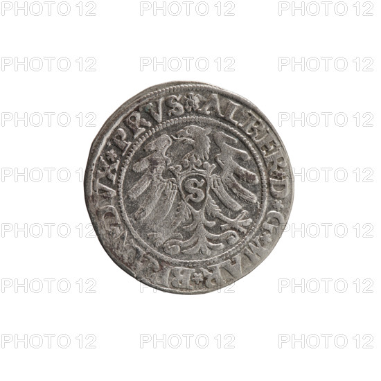 Decius Grosz; Jost Ludwik (fl. 1528–1535); Heinrich Straub, publisher; Albrecht Wille (fl. 1520–?), publisher. Rarity: R1. Albrecht Hohenzollern (Prince of Prussia; 1490–1568) — iconography: Hohenzollern coat of arms, eagles. Male busts in armour. Obverse: Prussian eagle with on its breast a crowned letter S; along the rim between pearly borders an inscription beginning with a rosette ALBER*D*G*MAR*BRAN*DVX*PRVS. Reverse: male bust in armour, profile to right, short hair, beard with sideburns; along the rim between pearly borders an inscription beginning with the Hohenzollern coat of arms shield *IVSTVS*EX*FIDE*VIVIT*I53I*. Date: 1531. Duchy: Ducal Prussia (1525–1701), Königsberg. Coin: diameter 23.0 mm; weight 1.93 g; axis 0°.