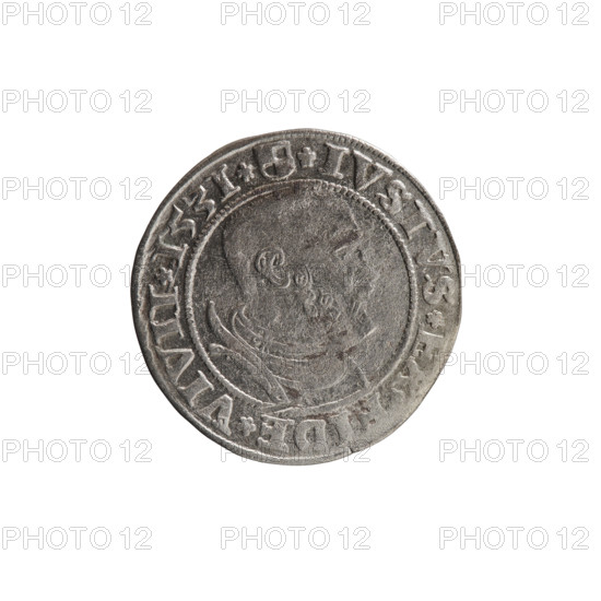 grosz, Decius, Jost Ludwik (fl. 1528-1535), Straub (Strawb), Heinrich, publisher, Wille, Albrecht (fl. 1520-?), publisher, R1 (rarity), Albrecht Hohenzollern (Prince of Prussia; 1490-1568) - iconography, Hohenzollern (coat of arms), eagles, male busts in armour, Aw. Prussian Eagle, on its breast a crowned letter S. Along the rim, between the pearly borders, an inscription beginning with a rosette ALBER*D*G*MAR*BRAN*DVX*PRVS Rw. Male bust in armor, profile turned to the right, short hair, beard with sideburns. Along the rim, between the pearly borders, an inscription beginning with the Hohenzollern coat of arms shield *IVSTVS*EX*FIDE*VIVIT*I53I*, 1531, Ducal Prussia (1525-1701), Königsberg, coin: diameter 23.0 mm, weight 1.93 g, axis 0 deg.