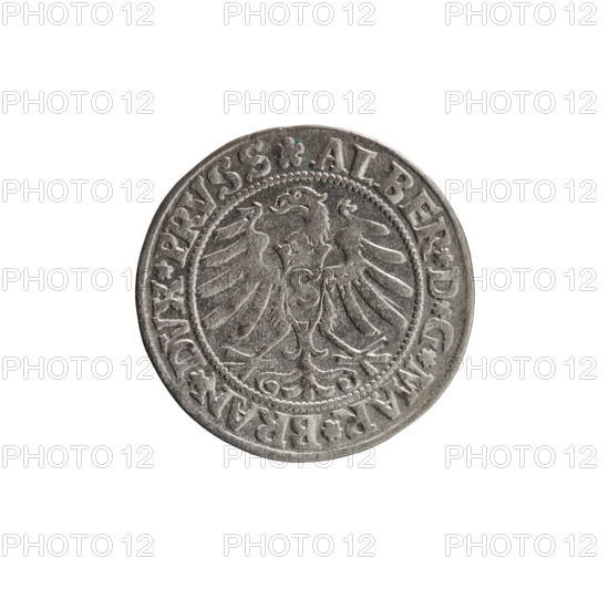 grosz; Straub (Strawb), Heinrich, publisher; Wille, Albrecht (fl. 1520-?), publisher; Decjusz, Jost Ludwik (fl. 1528-1535); R1 (rarity). Albrecht Hohenzollern (Prince of Prussia; 1490–1568) — iconography: eagles, Hohenzollern coat of arms, male busts in armour. Obverse: Prussian eagle, on its breast a crowned letter S; along the rim, between pearly borders, an inscription beginning with a rosette ALBER*D*G*MAR*BRAN*DVX*PRVSS. Reverse: male bust in armor, profile turned to the right, short hair, beard with sideburns; along the rim, between pearly borders, an inscription beginning with the Hohenzollern coat of arms *IVSTVS*EX*FIDE*VIVIT*I53I*. Date: 1531. Place: Ducal Prussia (1525–1701), Königsberg. Coin: diameter 22.8 mm, weight 1.91 g, axis 270°.