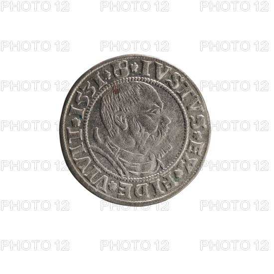 grosz; Straub (Strawb), Heinrich, publisher; Wille, Albrecht (fl. 1520-?), publisher; Decjusz, Jost Ludwik (fl. 1528-1535); R1 (rarity). Albrecht Hohenzollern (Prince of Prussia; 1490-1568) — iconography: eagles, Hohenzollern coat of arms, male busts in armour. Obverse: Prussian eagle, on its breast a crowned letter S; along the rim between pearly borders an inscription beginning with a rosette ALBER*D*G*MAR*BRAN*DVX*PRVSS. Reverse: male bust in armor, profile turned to the right, short hair, beard with sideburns; along the rim between pearly borders an inscription beginning with the Hohenzollern coat of arms *IVSTVS*EX*FIDE*VIVIT*I53I*. Date: 1531. Place: Ducal Prussia (1525–1701), Königsberg. Object: coin (grosz), diameter 22.8 mm, weight 1.91 g, axis 270°.