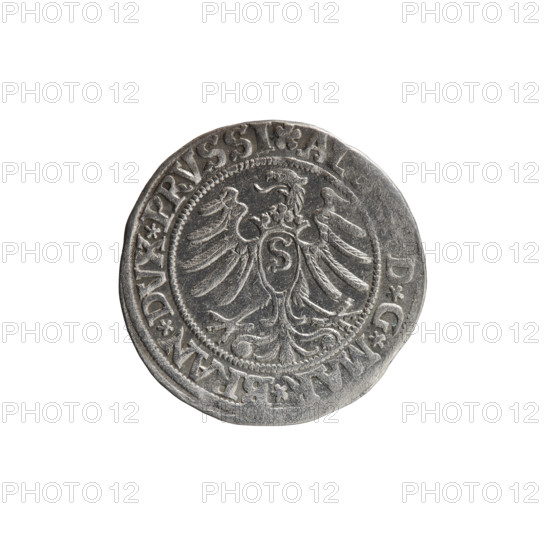 Albrecht Hohenzollern (Prince of Prussia; 1490–1568) — obverse: Prussian eagle with on its chest a crowned letter S; on the rim between pearl borders an inscription beginning with a rosette AL, D*G*MAR*BRAN*DVX*PRVSSI. Reverse: male bust in armor, profile turned to the right, short hair, beard with sideburns; on the rim between pearl borders an inscription beginning with the Hohenzollern coat of arms *IVSTVS*EX*FIDE*V, T*I53I*. 1531; Ducal Prussia (1525–1701), Königsberg; coin; diameter 22.8 mm; weight 1.91 g; axis 45°. Published by Wille Albrecht Grosz (fl. 1520–?) and Jost Ludwik Decius (fl. 1528–1535).