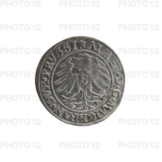 grosz, Straub (Strawb), Heinrich, publisher, Decjusz, Jost Ludwik (fl. 1528-1535), Wille, Albrecht (fl. 1520-?), publisher, R1 (rarity), Albrecht Hohenzollern (Prince of Prussia; 1490-1568) - iconography, male busts in armour, Hohenzollern (coat of arms), eagles, Aw. Prussian Eagle, on its breast a crowned letter S. Along the rim, between the pearly borders, an inscription beginning with a rosette ALBER*D*G*MAR*BRAN*DVX*PRVSSI. Rw. Male bust in armor, profile turned to the right, short hair, beard with sideburns. Along the rim, between the pearly borders, an inscription beginning with the Hohenzollern coat of arms *IVSTVS*EX*FIDE*VIVIT*I53I*, 1531, Ducal Prussia (1525-1701), Königsberg, coin: diameter 22.8 mm, weight 2.13 g, axis 200 degrees.