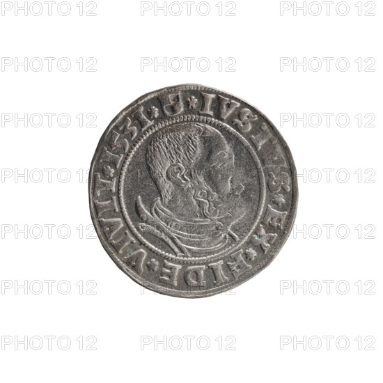 grosz; Straub (Strawb), Heinrich, publisher; Decjusz, Jost Ludwik (fl. 1528-1535); Wille, Albrecht (fl. 1520-?), publisher; R1 (rarity). Albrecht Hohenzollern (Prince of Prussia; 1490–1568) — iconography: male busts in armour, Hohenzollern coat of arms, eagles, Prussian eagle with on its breast a crowned letter S. Obverse: along the rim between pearly borders, an inscription beginning with a rosette ALBER*D*G*MAR*BRAN*DVX*PRVSSI. Reverse: male bust in armor, profile turned to the right, short hair, beard with sideburns; along the rim between pearly borders an inscription beginning with the Hohenzollern coat of arms *IVSTVS*EX*FIDE*VIVIT*I53I*. 1531. Ducal Prussia (1525–1701), Königsberg. Coin: diameter 22.8 mm; weight 2.13 g; axis 200°.