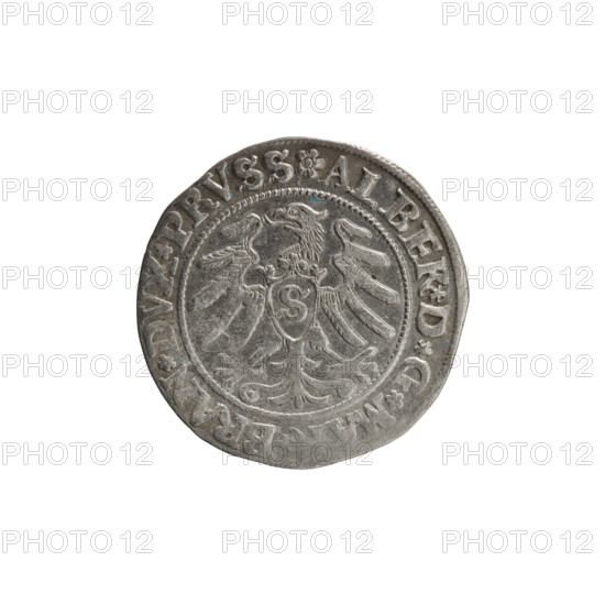 grosz; Straub (Strawb), Heinrich, publisher; Wille, Albrecht (fl. 1520-?), publisher; Decjusz, Jost Ludwik (fl. 1528-1535); R1 (rarity). Albrecht Hohenzollern (Prince of Prussia; 1490–1568) — iconography: Hohenzollern coat of arms, male busts in armour, eagles, Prussian eagle with a crowned letter S on its breast. Obverse: male bust in armor, profile turned to the right, short hair, beard with sideburns; along the rim, between pearly borders, an inscription beginning with a rosette ALBER*D*G*, BRAN*DVX*PRVSS. Reverse: Hohenzollern coat of arms; inscription beginning *IVSTVS*EX*FIDE, IVIT*I53I*. Date: 1531. Issue: Ducal Prussia (1525–1701), Königsberg. Coin: diameter 22.6 mm, weight 1.95 g, axis 320°.