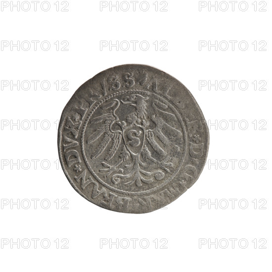 grosz; Straub (Strawb), Heinrich, publisher; Wille, Albrecht (fl. 1520-?), publisher; Decjusz, Jost Ludwik (fl. 1528-1535); R1 (rarity). Albrecht Hohenzollern (Prince of Prussia; 1490–1568) — iconography includes Hohenzollern coat of arms, eagles, male busts in armour, Prussian Eagle with crowned letter S on its breast. Obverse: male bust in armor, profile turned to the right, short hair, beard with sideburns; along the rim between pearly borders an inscription beginning with a rosette, AL, R*D*G, BRAN*DVX*PRVSS. Reverse: Hohenzollern coat of arms shield; inscription *IVSTVS, X*FID, VIVIT*I, I*; dated 1531. Ducal Prussia (1525–1701), Königsberg. Coin: diameter 22.7 mm, weight 1.81 g, axis 90°.