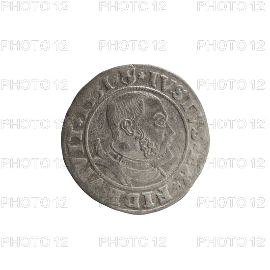 grosz; Straub (Strawb), Heinrich, publisher; Wille, Albrecht (fl. 1520-?), publisher; Decjusz, Jost Ludwik (fl. 1528-1535); R1 (rarity); Albrecht Hohenzollern (Prince of Prussia; 1490-1568) — iconography: Hohenzollern coat of arms, eagles, male busts in armour; Obverse: Prussian Eagle with on its breast the crowned letter S; along the rim between pearly borders an inscription beginning with a rosette, AL, R*D*G, BRAN*DVX*PRVSS; Reverse: male bust in armor, profile turned to the right, short hair, beard with sideburns; along the rim between pearly borders an inscription beginning with the Hohenzollern coat of arms shield *IVSTVS, X*FID, VIVIT*I, I*; date 1531; Ducal Prussia (1525–1701), Königsberg; coin: grosz; diameter 22.7 mm; weight 1.81 g; axis 90°.