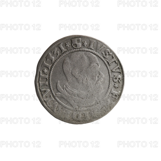 grosz, Wille, Albrecht (fl. 1520-?), publisher; Straub (Strawb), Heinrich, publisher; Decjusz, Jost Ludwik (fl. 1528-1535); eagles; Albrecht Hohenzollern (Prince of Prussia; 1490-1568) - iconography; Hohenzollern (coat of arms); male busts in armour; Aw. Prussian eagle, on its breast the crowned letter S. Along the rim, between the pearly borders, an inscription beginning with a rosette ALBER*D*G*MAR*, DV, RVSS Rw. Male bust in armor, profile turned to the right, short hair, beard with sideburns. Along the rim, between the pearly borders, an inscription beginning with the Hohenzollern coat of arms shield *IVSTVS*E, ID, VIVIT*I53I*; 1531; Ducal Prussia (1525-1701); Königsberg; coin: dia. 22.8 mm, weight 1.98 g, axis 315 degrees