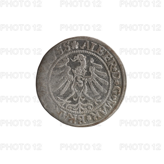 Decius Grosz; Jost Ludwik (fl. 1528–1535); Albrecht Wille (fl. 1520–?), publisher; Heinrich Straub (Strawb), publisher. Silver coin (Ducal Prussia, Königsberg), 1531. Diameter 22.6 mm; weight 1.93 g; axis 90°. Obverse: male bust in armour, profile right, short hair, beard with sideburns; along rim between pearly borders an inscription beginning with a rosette ALBER*D*G*MAR*BRAN... and the Hohenzollern coat of arms. Reverse: Prussian Eagle (on its breast a crowned letter S); along rim between pearly borders an inscription beginning with *IVSTVS*EX*FIDE*VIVIT*I53I*. Iconography: Albrecht Hohenzollern (Prince of Prussia; 1490–1568); R1 (rarity).
