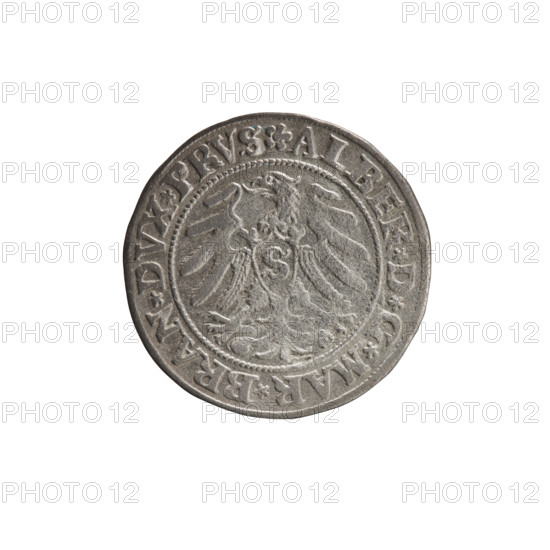 Obverse: Aw. Prussian Eagle, on its breast a crowned letter S. Along the rim, between the pearly borders, an inscription beginning with a rosette ALBER*D*G*MAR*BRAN*DVX*PRVS. Reverse: Male bust in armour, profile turned to the right, short hair, beard with sideburns. Along the rim, between the pearly borders, an inscription beginning with the Hohenzollern coat of arms *IVSTVS*EX*FIDE*VIVIT*I53I*. Maker/publishers: Grosz; Straub (Strawb), Heinrich; Wille, Albrecht (fl. 1520-?); Decjusz, Jost Ludwik (fl. 1528-1535). Subject: Albrecht Hohenzollern (Prince of Prussia; 1490–1568) — iconography includes eagles, Hohenzollern coat of arms, male busts in armour. Date: 1531. Place/issue: Ducal Prussia (1525–1701), Königsberg. Object: coin; diameter 22.9 mm; weight 1.81 g; axis 90°. Rarity: R1.