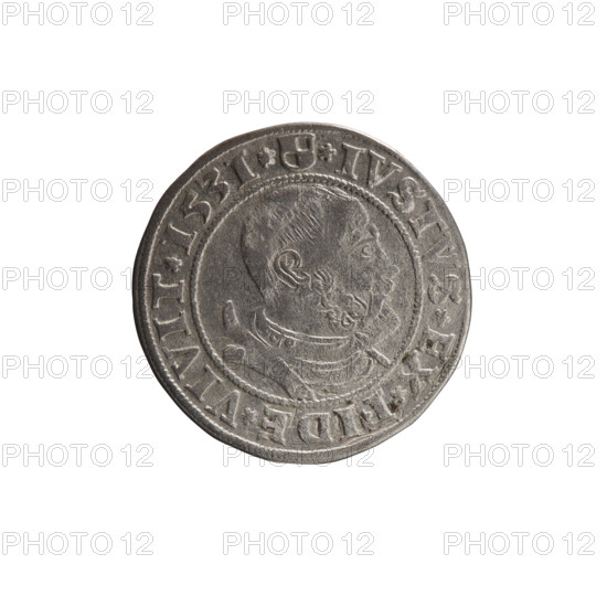 grosz, Straub (Strawb), Heinrich, publisher, Wille, Albrecht (fl. 1520-?), publisher, Decjusz, Jost Ludwik (fl. 1528-1535), R1 (rarity), Albrecht Hohenzollern (Prince of Prussia; 1490-1568) - iconography, eagles, Hohenzollern (coat of arms), male busts in armour, Aw. Prussian Eagle, on its breast a crowned letter S. Along the rim, between the pearly borders, an inscription beginning with a rosette ALBER*D*G*MAR*BRAN*DVX*PRVS Rw. Male bust in armor, profile turned to the right, short hair, beard with sideburns. Along the rim, between the pearly borders, an inscription beginning with the Hohenzollern coat of arms *IVSTVS*EX*FIDE*VIVIT*I53I*, 1531, Ducal Prussia (1525-1701), Königsberg, coin: diameter 22.9 mm, weight 1.81 g, axis 90 degrees.