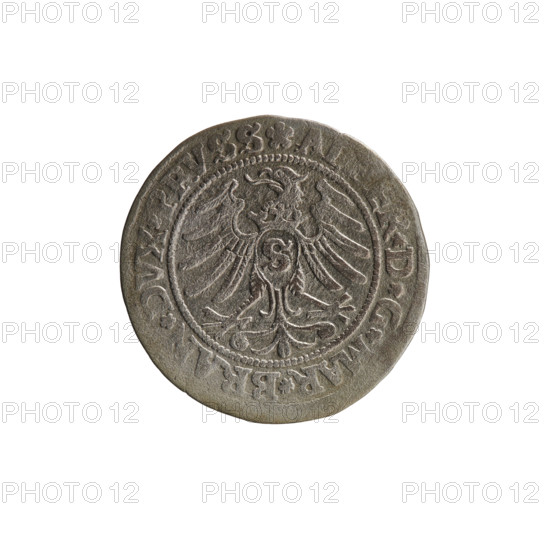 grosz, Decius, Jost Ludwik (fl. 1528-1535), Straub (Strawb), Heinrich, publisher, Wille, Albrecht (fl. 1520-?), publisher, R1 (rarity), eagles, Albrecht Hohenzollern (Prince of Prussia; 1490-1568) - iconography, Hohenzollern (coat of arms), male busts in armour, Aw. Prussian Eagle, on its breast a crowned letter S. Along the rim, between the pearly borders, an inscription beginning with a rosette AL, ER*D*G*MAR*BRAN*DVX*PRVSS Rw. Male bust in armor, profile turned to the right, short hair, beard with sideburns. Along the rim, between the pearly borders, an inscription beginning with the Hohenzollern coat of arms *IV, VS*EX*FIDE*VIVIT*I53I*, 1531, Ducal Prussia (1525-1701), Königsberg, coin, coin: diameter 23.1 mm, weight 1.87 g, axis 225 degrees.