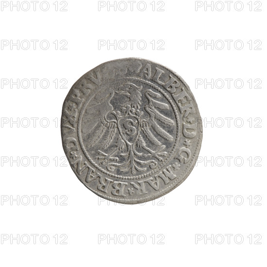 Grosz; Straub (Strawb), Heinrich, publisher; Wille, Albrecht (fl. 1520-?), publisher; Decjusz, Jost Ludwik (fl. 1528-1535). R1 (rarity). Coin (Ducal Prussia, Königsberg), 1531. Diameter 22.4 mm, weight 1.91 g, axis 90°. Obverse: Prussian eagle, on its breast a crowned letter S; along the rim between pearly borders an inscription beginning with a rosette ALBER*D*G*MAR*BRAN*DVX*PRVSS. Reverse: male bust in armour, profile right, short hair, beard with sideburns; along the rim between pearly borders an inscription beginning with the Hohenzollern coat of arms *IVSTVS*EX*FIDE*VIV. Iconography: Albrecht Hohenzollern (Prince of Prussia; 1490–1568) — Hohenzollern coat of arms.