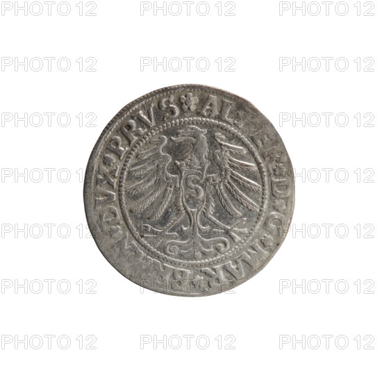 grosz; Straub (Strawb), Heinrich, publisher; Wille, Albrecht (fl. 1520-?), publisher; Decjusz, Jost Ludwik (fl. 1528-1535); R1 (rarity). Eagles. Albrecht Hohenzollern (Prince of Prussia; 1490–1568) — iconography. Male busts in armour; Hohenzollern (coat of arms). Obverse: Prussian eagle, on its breast the crowned letter S. Along the rim, between the pearly borders, an inscription beginning with a rosette AL, R*D*G*MAR*B, *DVX*PRVS. Reverse: Male bust in armor, profile turned to the right, short hair, beard with sideburns. Along the rim, between the pearly borders, an inscription beginning with the Hohenzollern coat of arms *IVSTVS*EX*FIDE*VIVIT*I5. Date: 1531. Place: Ducal Prussia (1525–1701), Königsberg. Coin: diameter 22.9 mm, weight 1.88 g, axis 180 degrees.
