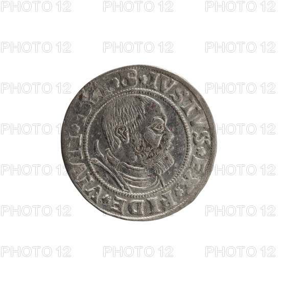 grosz; Straub (Strawb), Heinrich, publisher; Wille, Albrecht (fl. 1520-?), publisher; Decjusz, Jost Ludwik (fl. 1528-1535); R1 (rarity). Eagles; Albrecht Hohenzollern (Prince of Prussia; 1490–1568) — iconography; male busts in armour; Hohenzollern coat of arms; obverse: Prussian Eagle with crowned letter S on its breast; along the rim, between pearly borders, an inscription beginning with a rosette AL R*D*G*MAR*B *DVX*PRVS. Reverse: male bust in armour, profile turned right, short hair, beard with sideburns; along the rim, between pearly borders, inscription beginning with the Hohenzollern coat of arms *IVSTVS*EX*FIDE*VIVIT*I5. Date: 1531. Place: Ducal Prussia (1525–1701), Königsberg. Object: coin (grosz), diameter 22.9 mm, weight 1.88 g, axis 180°.
