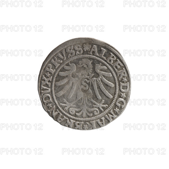 grosz, Wille, Albrecht (fl. 1520-?), publisher; Decius, Jost Ludwik (fl. 1528-1535); Straub (Strawb), Heinrich, publisher. Obverse: Aw. Prussian Eagle, on its breast a crowned letter S. Along the rim, between the pearly borders, an inscription beginning with a rosette ALBER*D*G*MAR*BRAN*DVX*PRVSS. Reverse: Male bust in armor, profile turned to the right, short hair, beard with sideburns. Along the rim, between the pearly borders, an inscription beginning with the Hohenzollern coat of arms *IVSTVS*EX*FIDE*VIVIT*I53Z*. 1532. Ducal Prussia (1525–1701), Königsberg. Coin: diameter 22.8 mm, weight 1.82 g, axis 315 degrees.
