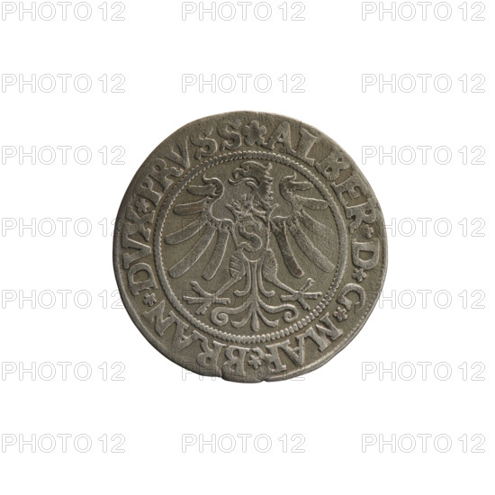 Publisher: Grosz; Straub (Strawb), Heinrich; Wille, Albrecht (fl. 1520-?); Decjusz, Jost Ludwik (fl. 1528-1535). Subject: Albrecht Hohenzollern (Prince of Prussia; 1490–1568). Iconography: eagles, Hohenzollern coat of arms, male busts in armour; Prussian eagle with on its breast a crowned letter S. Obverse: male bust in armor, profile right, short hair, beard with sideburns; along the rim between pearly borders an inscription beginning with a rosette ALBER*D*G*MAR*BRAN*DVX*PRVSS. Reverse: Hohenzollern coat of arms and inscription *IVSTVS*EX*FIDE*VIVIT*I53Z*. Date: 1532. Place/function: Ducal Prussia (1525–1701), Königsberg; coin. Physical: diameter 22.8 mm, weight 1.91 g, axis 280 degrees.