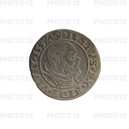 grosz; Straub (Strawb), Heinrich, publisher; Wille, Albrecht (fl. 1520-?), publisher; Decjusz, Jost Ludwik (fl. 1528-1535); Albrecht Hohenzollern (Prince of Prussia; 1490-1568) — iconography: eagles, Hohenzollern coat of arms; male busts in armour; Aw. Prussian Eagle, on its breast a crowned letter S. Along the rim, between the pearly borders, an inscription beginning with a rosette ALBER*D*G*MAR*BRAN*DVX*PRVSS. Rw. Male bust in armor, profile turned to the right, short hair, beard with sideburns. Along the rim, between the pearly borders, an inscription beginning with the Hohenzollern coat of arms *IVSTVS*EX*FIDE*VIVIT*I53Z*. 1532, Ducal Prussia (1525–1701), Königsberg. Coin: diameter 22.8 mm, weight 1.91 g, axis 280°.