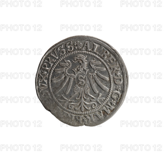 grosz; Straub (Strawb), Heinrich, publisher; Wille, Albrecht (fl. 1520-?), publisher; Decjusz, Jost Ludwik (fl. 1528-1535); eagles; Albrecht Hohenzollern (Prince of Prussia; 1490–1568) – iconography; Hohenzollern (coat of arms); male busts in armour; Prussian eagle on its breast the crowned letter S; along the rim, between the pearly borders, an inscription beginning with a rosette AL, ER*D*G*MAR*, VX*PRVSS; male bust in armor, profile turned to the right, short hair, beard with sideburns; along the rim, between the pearly borders, an inscription beginning with the Hohenzollern coat of arms *IVSTVS*EX*FIDE, T*I53Z*, 1532; Ducal Prussia (1525–1701), Königsberg; coin; diameter 23.2 mm; weight 1.73 g; axis 225°