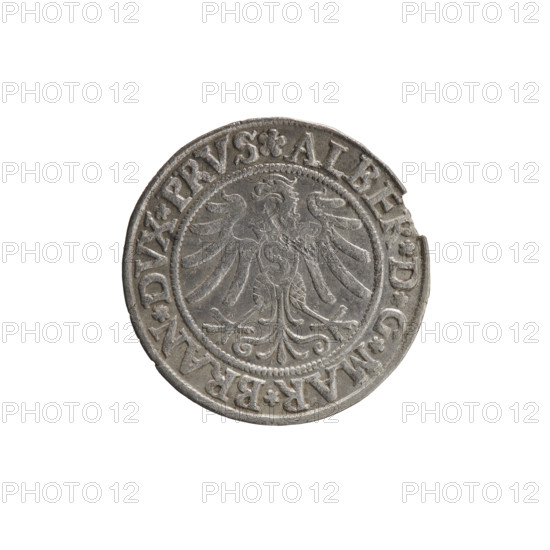 grosz; Straub (Strawb), Heinrich, publisher; Wille, Albrecht (fl. 1520-?), publisher; Decjusz, Jost Ludwik (fl. 1528-1535); Albrecht Hohenzollern (Prince of Prussia; 1490-1568) — iconography: eagles, Hohenzollern coat of arms, male busts in armour. Aw. Prussian Eagle, on its breast a crowned letter S. Along the rim, between the pearly borders, an inscription beginning with a rosette: ALBER*D*G*MAR*BRAN*DVX*PRVS. Rw. Male bust in armor, profile turned to the right, short hair, beard with sideburns. Along the rim, between the pearly borders, an inscription beginning with the Hohenzollern coat of arms: *IVSTVS*EX*FIDE*VIVIT* I53Z*. 1532. Ducal Prussia (1525–1701), Königsberg. Coin: diameter 22.9 mm, weight 1.73 g, axis 50°.