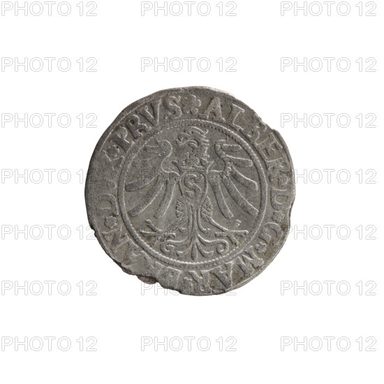 grosz, Straub (Strawb), Heinrich, publisher, Wille, Albrecht (fl. 1520-?), publisher, Decjusz, Jost Ludwik (fl. 1528-1535), eagles, Albrecht Hohenzollern (Prince of Prussia; 1490-1568) - iconography, Hohenzollern (coat of arms), male busts in armour, Aw. Prussian Eagle, on its breast a crowned letter S. Along the rim, between the pearly borders, an inscription beginning with a rosette ALBER*D*G*MAR*BRAN*D, X*PRVS Rw. Male bust in armor, profile turned to the right, short hair, beard with sideburns. Along the rim, between the pearly borders, an inscription beginning with the Hohenzollern coat of arms *IVSTVS*EX*FIDE*, VIT*I53Z*, 1532, Ducal Prussia (1525-1701), Königsberg, coin, coin: diameter 22.6 mm, weight 1.69 g, axis 190 degrees.