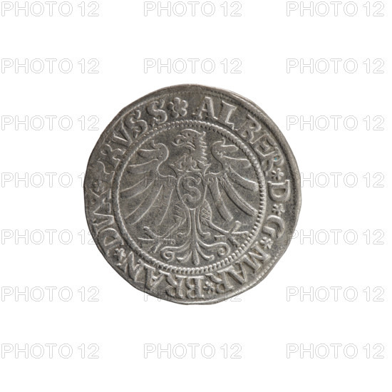 grosz; Straub (Strawb), Heinrich, publisher; Wille, Albrecht (fl. 1520-?), publisher; Decjusz, Jost Ludwik (fl. 1528-1535); Albrecht Hohenzollern (Prince of Prussia; 1490-1568). Iconography: eagles; Hohenzollern coat of arms; male busts in armour; Prussian eagle with on its breast a crowned letter S. Obverse: along the rim between pearly borders, an inscription beginning with a rosette ALBER*D*G*MAR*BRAN*DVX*PRVSS; reverse: male bust in armor, profile to the right, short hair, beard with sideburns; along the rim between pearly borders an inscription beginning with the Hohenzollern coat of arms *IVSTVS*EX*FIDE*VIVIT*I53Z*. Date: 1532. Place: Ducal Prussia (1525–1701), Königsberg. Object: coin, diameter 23.0 mm, weight 1.98 g, axis 180 degrees.