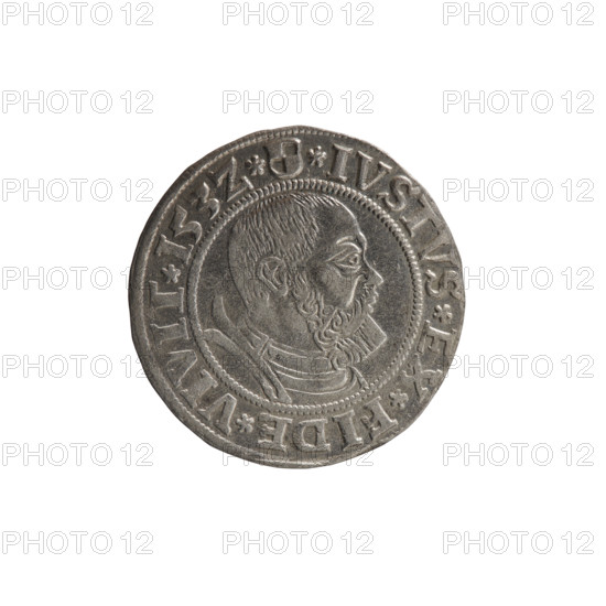 Artist: Grosz, Straub (Strawb); Publisher: Heinrich Wille; Decius (Decjusz), Jost Ludwik (fl. 1528–1535) WQXBCFS
I:\nmw crop ready cleaned\Subject: Albrecht Hohenzollern (Prince of Prussia; 1490–1568) WQXBCFS
I:\nmw crop ready cleaned\Date: 1532 WQXBCFS
I:\nmw crop ready cleaned\Place: Ducal Prussia (1525–1701), Königsberg WQXBCFS
I:\nmw crop ready cleaned\Type: Coin WQXBCFS
I:\nmw crop ready cleaned\Materials/Dimensions: diameter 23.0 mm, weight 1.98 g, axis 180 degrees WQXBCFS
I:\nmw crop ready cleaned\Obverse: Male bust in armor, profile turned to the right, short hair, beard with sideburns; along the rim between pearly borders an inscription beginning with a rosette 'ALBER*D*G*MAR*BRAN*DVX*PRVSS"
I:\nmw crop ready cleaned\Reverse: Aw. Prussian eagle; on its breast a crowned letter S; along the rim between pearly borders an inscription beginning with the Hohenzollern coat of arms '*IVSTVS*EX*FIDE*VIVIT*I53Z*"
I:\nmw crop ready cleaned\Iconography: eagles, Hohenzollern coat o...