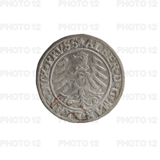 grosz; Wille, Albrecht (fl. 1520-?), publisher; Straub (Strawb), Heinrich, publisher; Decjusz, Jost Ludwik (fl. 1528-1535); eagles; Albrecht Hohenzollern (Prince of Prussia; 1490–1568) — iconography; male busts in armour; Hohenzollern (coat of arms); Prussian eagle with a crowned letter S on its breast. Obverse: Along the rim between pearly borders, inscription beginning with a rosette ALBER*D*G*MAR*BRAN*DVX*PRVSS. Reverse: Male bust in armor in right profile, short hair, beard with sideburns; along the rim between pearly borders, inscription beginning with the Hohenzollern coat of arms *IVSTVS*EX*FIDE*VIVIT*I53Z*. Date: 1532. Duchy of Prussia (1525–1701), Königsberg. Coin: diameter 23.0 mm, weight 1.85 g, axis 315°.