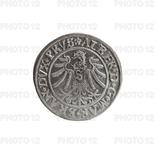 grosz; Straub (Strawb), Heinrich, publisher; Wille, Albrecht (fl. 1520-?), publisher; Decjusz, Jost Ludwik (fl. 1528-1535); eagles; Albrecht Hohenzollern (Prince of Prussia; 1490–1568) — iconography; male busts in armour; Hohenzollern coat of arms; Prussian Eagle with crowned letter S on its breast. Obverse: along the rim between pearly borders, inscription beginning with a rosette ALBER*D*G*MAR*BRAN*DVX*PRVS; reverse: male bust in armor, profile right, short hair, beard with sideburns; along the rim between pearly borders, inscription beginning with the Hohenzollern coat of arms *IVSTVS*EX*FIDE*VIVIT*I53Z*. 1532. Ducal Prussia (1525–1701), Königsberg. Coin: diameter 23.2 mm, weight 1.93 g, axis 300°.