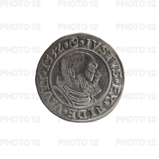 grosz; Straub (Strawb), Heinrich, publisher; Wille, Albrecht (fl. 1520-?), publisher; Decjusz, Jost Ludwik (fl. 1528-1535); eagles; Albrecht Hohenzollern (Prince of Prussia; 1490–1568) — iconography; male busts in armour; Hohenzollern (coat of arms); Prussian eagle with on its breast a crowned letter S. Along the rim, between the pearly borders, an inscription beginning with a rosette ALBER*D*G*MAR*BRAN*DVX*PRVS. Reverse: male bust in armor, profile turned to the right, short hair, beard with sideburns. Along the rim, between the pearly borders, an inscription beginning with the Hohenzollern coat of arms *IVSTVS*EX*FIDE*VIVIT*I53Z*. 1532. Ducal Prussia (1525–1701), Königsberg. Coin: diameter 23.2 mm; weight 1.93 g; axis 300°.