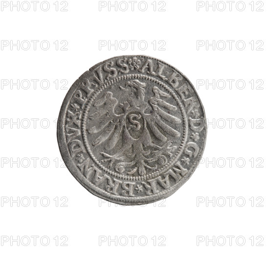 grosz; Straub (Strawb), Heinrich, publisher; Wille, Albrecht (fl. 1520-?), publisher; Decjusz, Jost Ludwik (fl. 1528-1535); eagles; Albrecht Hohenzollern (Prince of Prussia; 1490–1568) — iconography; Hohenzollern coat of arms; male busts in armour; Prussian eagle with on its breast a crowned letter S; along the rim, between pearly borders, an inscription beginning with a rosette ALBER*D*G*MAR*BRAN*DVX*PRVSS; reverse: male bust in armor, profile to the right, short hair, beard with sideburns; along the rim, between pearly borders, an inscription beginning with the Hohenzollern coat of arms shield *IVSTVS*EX*FIDE*VIVIT*I53Z*; 1532; Ducal Prussia (1525–1701); Königsberg; coin, diameter 23.0 mm, weight 1.95 g, axis 40°