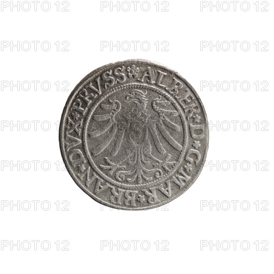 grosz; Straub (Strawb), Heinrich, publisher; Wille, Albrecht (fl. 1520-?), publisher; Decjusz, Jost Ludwik (fl. 1528-1535); eagles; Albrecht Hohenzollern (Prince of Prussia; 1490–1568) — iconography; Hohenzollern (coat of arms); male busts in armour; Aw. Prussian Eagle, on its breast a crowned letter S. Along the rim, between the pearly borders, an inscription beginning with a rosette: ALBER*D*G*MAR*BRAN*DVX*PRVSS. Rw. Male bust in armor, profile turned to the right, short hair, beard with sideburns. Along the rim, between the pearly borders, an inscription beginning with the Hohenzollern coat of arms: *IVSTVS*EX*FIDE*VIVIT*I53Z*. 1532. Ducal Prussia (1525–1701), Königsberg. Coin: diameter 22.9 mm; weight 1.72 g; axis 45°.