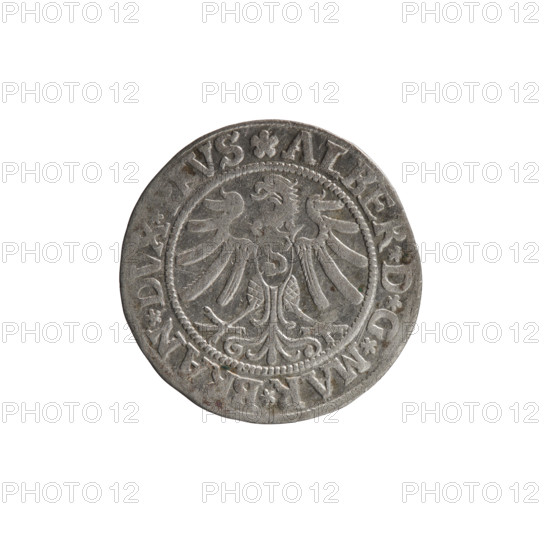 grosz; Wille, Albrecht (fl. 1520-?), publisher; Straub (Strawb), Heinrich, publisher; Decjusz, Jost Ludwik (fl. 1528-1535); eagles; Albrecht Hohenzollern (Prince of Prussia; 1490-1568) — iconography; Hohenzollern (coat of arms); male busts in armour; Aw. Prussian Eagle, on its breast a crowned letter S. Along the rim, between the pearly borders, an inscription beginning with a rosette ALBER*D*G*MAR*BRAN*DVX*. Male bust in armor, profile turned to the right, short hair, beard with sideburns. Along the rim, between the pearly borders, an inscription beginning with the Hohenzollern coat of arms *IVSTVS*, FIDE*VIVIT*I53Z*. 1532. Ducal Prussia (1525–1701), Königsberg. Coin: diameter 22.5 mm, weight 1.90 g, axis 270°.