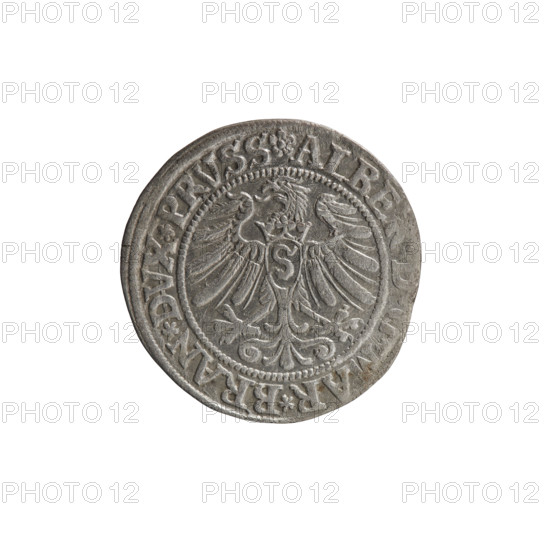 grosz, Straub (Strawb), Heinrich, publisher, Wille, Albrecht (fl. 1520-?), publisher, Decjusz, Jost Ludwik (fl. 1528-1535), Albrecht Hohenzollern (Prince of Prussia; 1490-1568) - iconography, eagles, Hohenzollern (coat of arms), male busts in armour, Aw. Prussian Eagle, on its breast a crowned letter S. Along the rim, between the pearly borders, an inscription beginning with a rosette ALBE, MAR*BRAN*DVX*PRVSS. Rw. Male bust in armor, profile turned to the right, short hair, beard with sideburns. Along the rim, between the pearly borders, an inscription beginning with the Hohenzollern coat of arms *IVSTVS*EX*FIDE*VIVIT*I53Z*. 1532, Ducal Prussia (1525-1701), Königsberg, coin, diameter 22.7 mm, weight 1.90 g, axis 315 degrees.