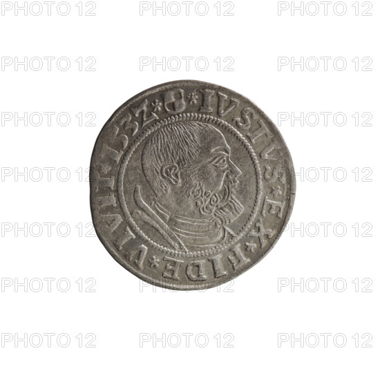 grosz; Straub (Strawb), Heinrich, publisher; Wille, Albrecht (fl. 1520-?), publisher; Decjusz, Jost Ludwik (fl. 1528-1535); Albrecht Hohenzollern (Prince of Prussia; 1490-1568) — iconography: eagles, Hohenzollern (coat of arms), male busts in armour. Obverse: Prussian eagle, on its breast a crowned letter S; along the rim, between pearly borders, an inscription beginning with a rosette ALBE, MAR*BRAN*DVX*PRVSS. Reverse: male bust in armor, profile to the right, short hair, beard with sideburns; along the rim, between pearly borders, an inscription beginning with the Hohenzollern coat of arms *IVSTVS*EX*FIDE*VIVIT*I53Z*. Date: 1532. Issued in Ducal Prussia (1525–1701), Königsberg. Coin: diameter 22.7 mm, weight 1.90 g, axis 315°.