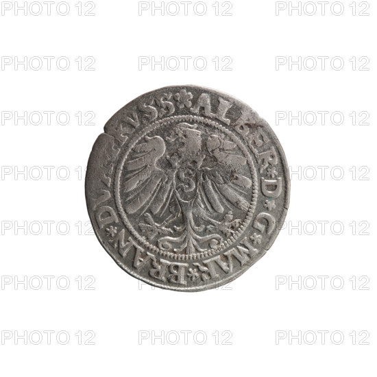 grosz, Wille, Albrecht (fl. 1520-?), publisher; Straub (Strawb), Heinrich, publisher; Decjusz, Jost Ludwik (fl. 1528-1535); eagles; Albrecht Hohenzollern (Prince of Prussia; 1490-1568) — iconography; Hohenzollern (coat of arms); male busts in armour; Aw. Prussian Eagle, on its breast a crowned letter S. Along the rim, between the pearly borders, an inscription beginning with a rosette ALBER*D*G*MAR*BRAN*DV. Rv. Male bust in armor, profile turned to the right, short hair, beard with sideburns. Along the rim, between the pearly borders, an inscription beginning with the Hohenzollern coat of arms *IVSTVS*EX*FIDE*VIVIT*I53Z*. 1532. Ducal Prussia (1525–1701), Königsberg. Coin: diameter 22.5 mm, weight 1.97 g, axis 135°.