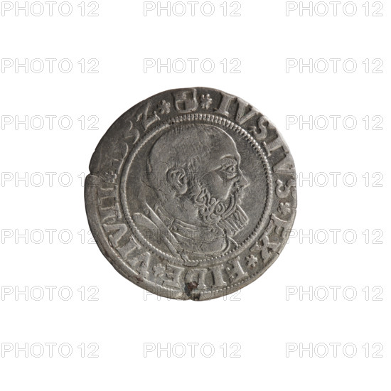 grosz, Wille, Albrecht (fl. 1520-?), publisher; Straub (Strawb), Heinrich, publisher; Decjusz, Jost Ludwik (fl. 1528-1535). Obverse: eagles, Albrecht Hohenzollern (Prince of Prussia; 1490–1568) — iconography; Hohenzollern coat of arms; male bust in armour; Prussian Eagle with on its breast a crowned letter S. Along the rim, between pearly borders, an inscription beginning with a rosette ALBER*D*G*MAR*BRAN*DV. Reverse: male bust in armor, profile turned to the right, short hair, beard with sideburns. Along the rim, between pearly borders, an inscription beginning with the Hohenzollern coat of arms *IVSTVS*EX*FIDE*VIVIT*I53Z*. Date: 1532. Place: Ducal Prussia (1525–1701), Königsberg. Coin: grosz; diameter 22.5 mm; weight 1.97 g; axis 135°.