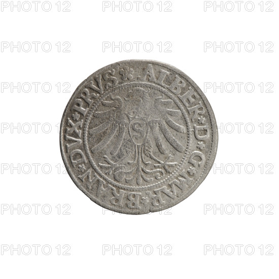 grosz; Straub (Strawb), Heinrich, publisher; Wille, Albrecht (fl. 1520-?), publisher; Decjusz, Jost Ludwik (fl. 1528-1535); Albrecht Hohenzollern (Prince of Prussia; 1490-1568) — iconography: eagles, Hohenzollern (coat of arms), male busts in armour, Prussian Eagle with on its breast a crowned letter S. Along the rim, between the pearly borders, an inscription beginning with a rosette ALBER*D*G*MAR*BRAN*DVX*PRVS. Reverse: male bust in armor, profile turned to the right, short hair, beard with sideburns. Along the rim, between the pearly borders, an inscription beginning with the Hohenzollern coat of arms *IVSTVS*EX*FIDE*VIVIT*I53Z*. 1532. Ducal Prussia (1525–1701), Königsberg. Coin: diameter 23.0 mm, weight 1.79 g, axis 180°.