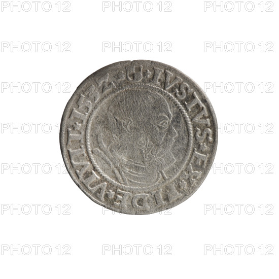 grosz; Straub (Strawb), Heinrich, publisher; Wille, Albrecht (fl. 1520-?), publisher; Decjusz, Jost Ludwik (fl. 1528-1535); Albrecht Hohenzollern (Prince of Prussia; 1490-1568) — iconography: eagles, Hohenzollern (coat of arms), male busts in armour; av. Prussian eagle, on its breast a crowned letter S. Along the rim, between the pearly borders, an inscription beginning with a rosette ALBER*D*G*MAR*BRAN*DVX*PRVS. rev. Male bust in armor, profile turned to the right, short hair, beard with sideburns. Along the rim, between the pearly borders, an inscription beginning with the Hohenzollern coat of arms *IVSTVS*EX*FIDE*VIVIT*I53Z*. Date: 1532. Place: Ducal Prussia (1525–1701), Königsberg. Object: coin; diameter 23.0 mm; weight 1.79 g; axis 180°.