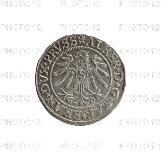 grosz; Straub (Strawb), Heinrich, publisher; Wille, Albrecht (fl. 1520-?), publisher; Decjusz, Jost Ludwik (fl. 1528-1535); eagles; Albrecht Hohenzollern (Prince of Prussia; 1490–1568) — iconography; Hohenzollern (coat of arms); male busts in armour; Aw. Prussian Eagle, on its breast a crowned letter S. Along the rim, between the pearly borders, an inscription beginning with a rosette ALBER*D*G*MAR*BRAN*DVX*PRVSS. Rw. Male bust in armor, profile turned to the right, short hair, beard with sideburns. Along the rim, between the pearly borders, an inscription beginning with the Hohenzollern coat of arms *IVSTVS*EX*FIDE*VIVIT*I53Z*. 1532. Ducal Prussia (1525–1701), Königsberg. Coin: diameter 23.0 mm, weight 1.83 g, axis 45°.