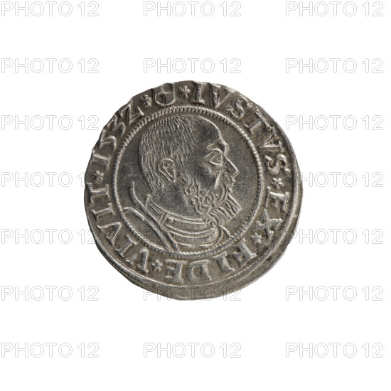 grosz; Straub (Strawb), Heinrich, publisher; Wille, Albrecht (fl. 1520-?), publisher; Decjusz, Jost Ludwik (fl. 1528-1535); eagles; Albrecht Hohenzollern (Prince of Prussia; 1490-1568) – iconography; Hohenzollern (coat of arms); male busts in armour; Aw. Prussian Eagle, on its breast a crowned letter S. Along the rim, between the pearly borders, an inscription beginning with a rosette ALBER*D*G*MAR*BRAN*DVX*PRVSS. Rw. Male bust in armor, profile turned to the right, short hair, beard with sideburns. Along the rim, between the pearly borders, an inscription beginning with the Hohenzollern coat of arms *IVSTVS*EX*FIDE*VIVIT*I53Z*. 1532. Ducal Prussia (1525–1701), Königsberg. Coin: diameter 23.0 mm, weight 1.83 g, axis 45°.