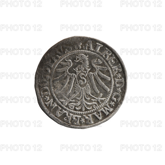 Male busts in armour; Hohenzollern coat of arms; eagles; Prussian eagle with crowned letter S on its breast. Obverse: male bust in armor, profile right, short hair, beard with sideburns; along rim between pearly borders an inscription beginning with a rosette ALBER*D*G*MAR*BRAN*D. Reverse: Hohenzollern coat of arms; inscription beginning *IVSTVS*EX*FIDE*V, VIT*I, Z*; dated 1532. Maker/publishers: Grosz; Straub (Strawb), Heinrich, publisher; Wille, Albrecht (fl. 1520-? ), publisher; Decjusz, Jost Ludwik (fl. 1528-1535). Albrecht Hohenzollern (Prince of Prussia; 1490–1568). Ducal Prussia (1525–1701), Königsberg. Coin; diameter 23.3 mm; weight 1.97 g; axis 135°.