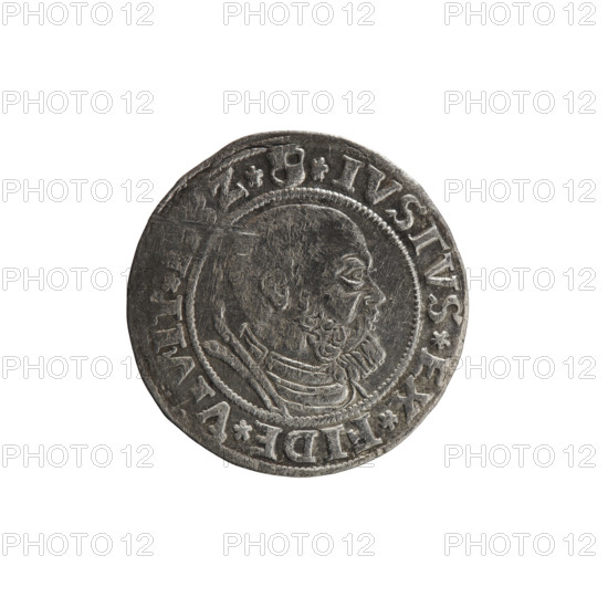 Male busts in armour, Hohenzollern coat of arms, eagles; obverse Prussian eagle with crowned letter S on its breast. Along the rim, between pearly borders, an inscription beginning with a rosette 'ALBER*D*G*MAR*BRAN*D'. Male bust in armor, profile turned right, short hair, beard with sideburns. Along the rim, between pearly borders, inscription beginning with the Hohenzollern coat of arms '*IVSTVS*EX*FIDE*V, VIT*I, Z*', dated 1532. Makers/publishers: Grosz; Straub (Strawb), Heinrich; Wille, Albrecht (fl. 1520-?); Decjusz, Jost Ludwik (fl. 1528-1535). Albrecht Hohenzollern (Prince of Prussia; 1490–1568) — Ducal Prussia (1525–1701), Königsberg. Coin: diameter 23.3 mm, weight 1.97 g, axis 135°.